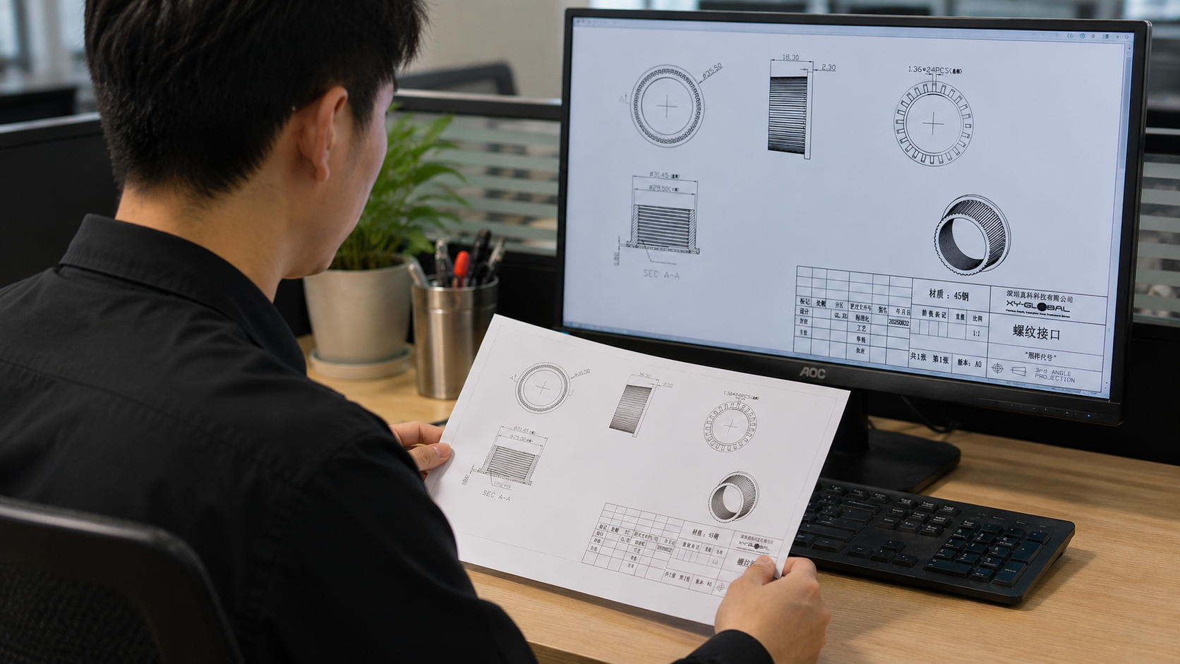 Engineer Reviewing CAD Drawing During Precision Engineering Design Process