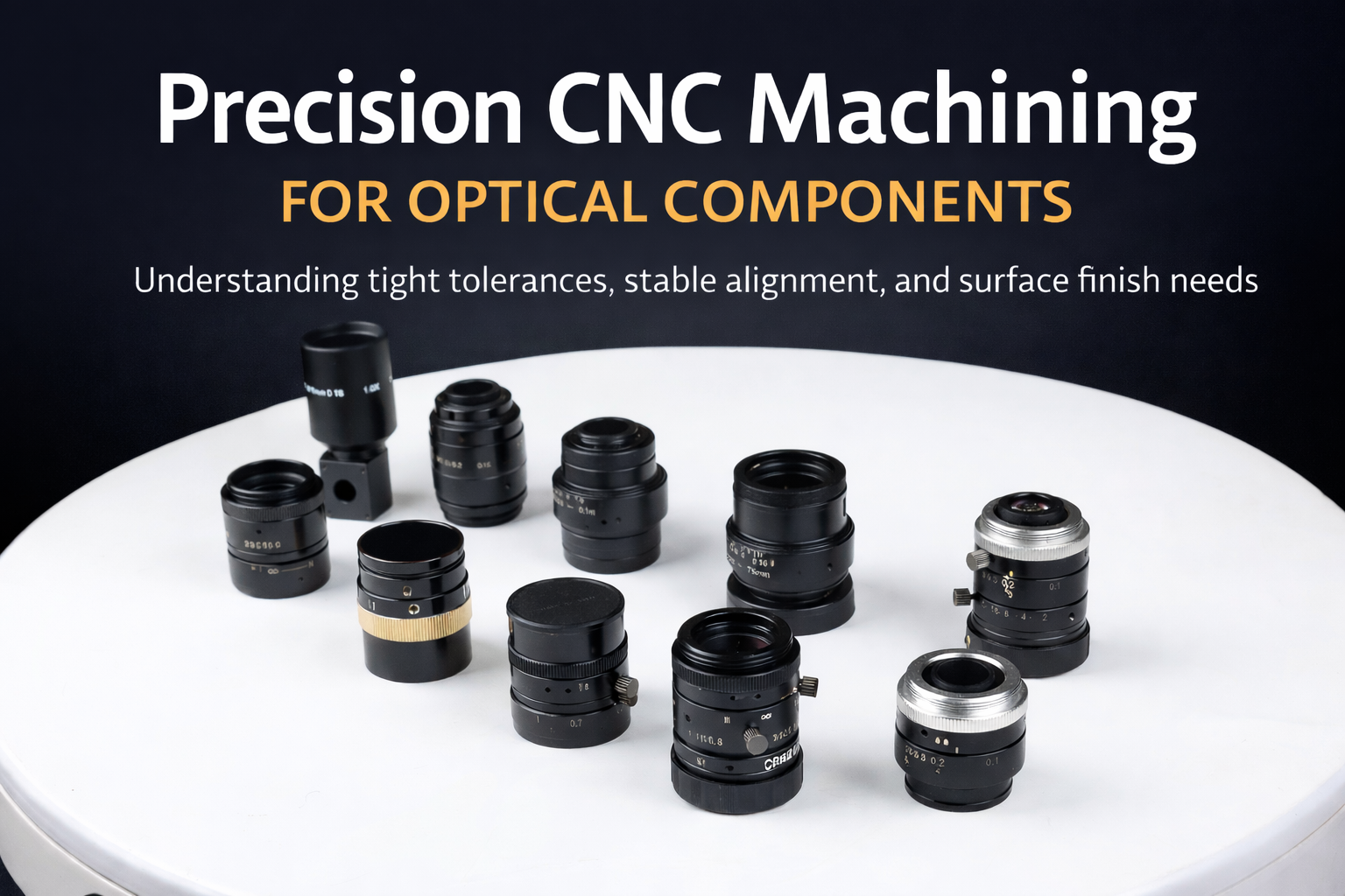 Precision CNC machined optical components including lens barrels and mounts with black anodized finish, showing high tolerance and surface quality